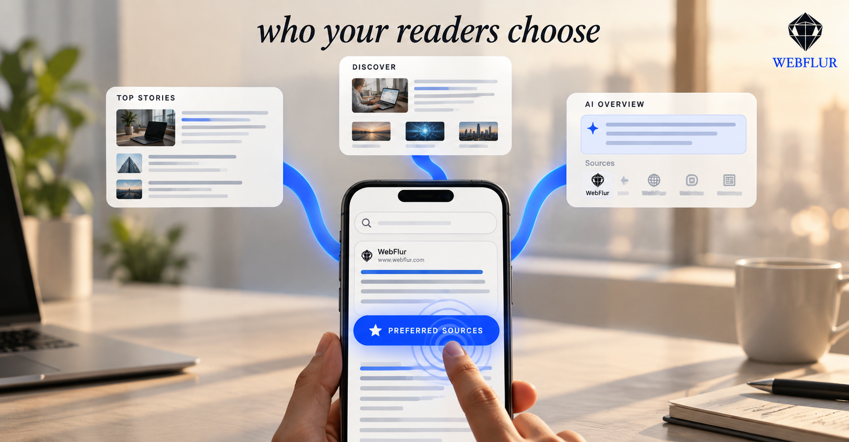 A stylised smartphone showing a Google Search result card with a large cobalt 'Follow' button; three streams flow from the tap into TOP STORIES, DISCOVER, and AI OVERVIEW cards — the last containing WebFlur's diamond mark as one of the cited sources.