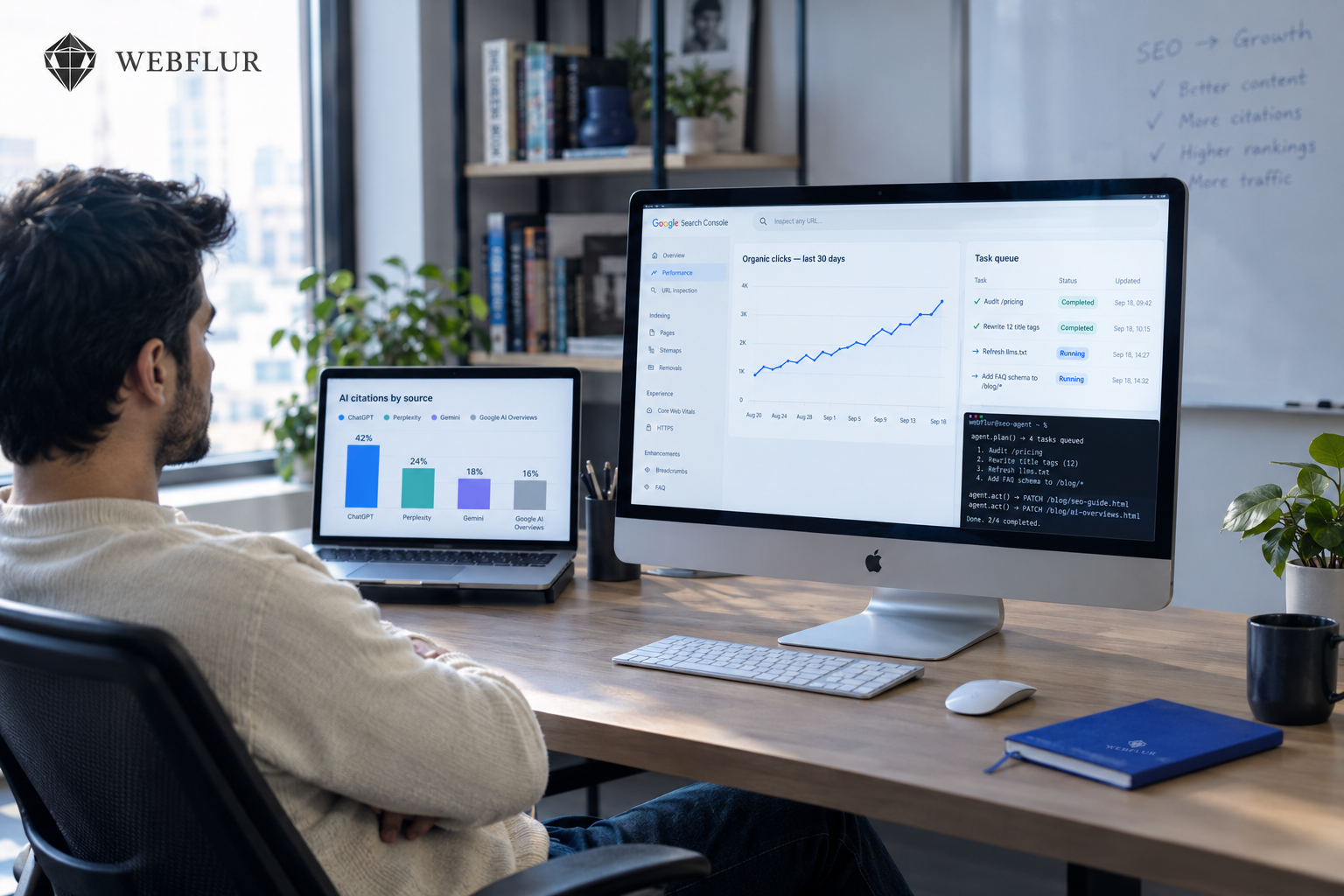 How AI agents autonomously execute SEO workflows — an operator sits back from the keyboard while a SEO dashboard on screen runs the perceive-plan-act-verify-log loop against GSC, a CMS API, and a share-of-model tracker, in WebFlur's cobalt-and-cream editorial style.